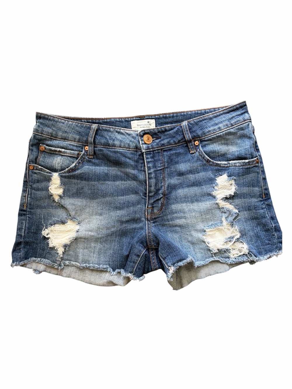 Bootlegger Distressed Denim Cutoff Shorts Medium Wash Raw Hem Stretch Jean Y2K